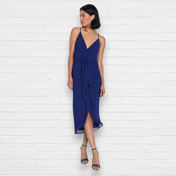 NWT LULU'S Stylish Invite Dark Blue Swiss Dot Surplice Midi Tulip Lulu Dress L - Picture 5 of 11